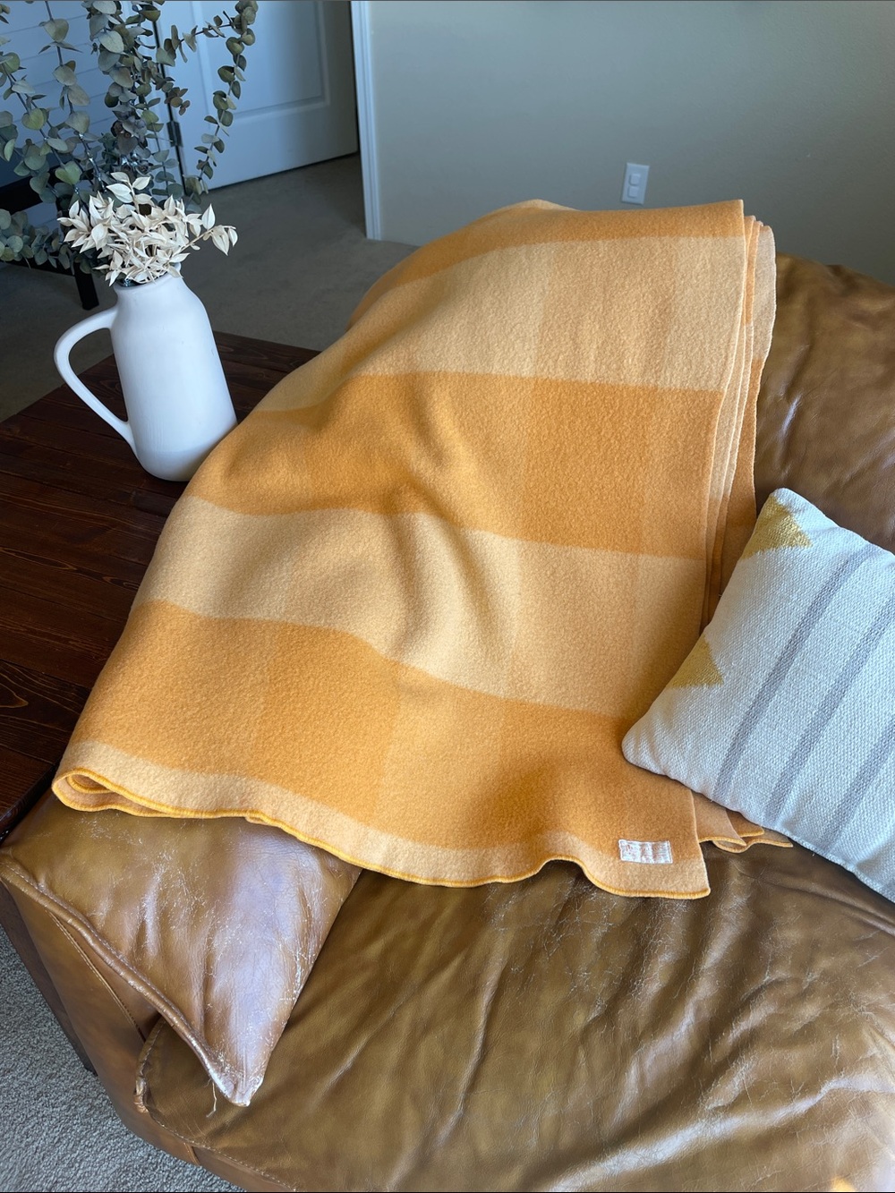 VTG Pendleton Virgin Wool Throw Blanket Checked Orange/Yellow Plaid Cabin Hygge